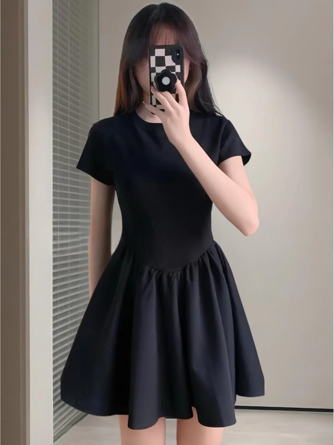 Petite Black Dress High-End Knit Spring Summer Cinched Waist A-Line Slimming O-Neck Short Sleeve Mini Stylish for Junior Ladies