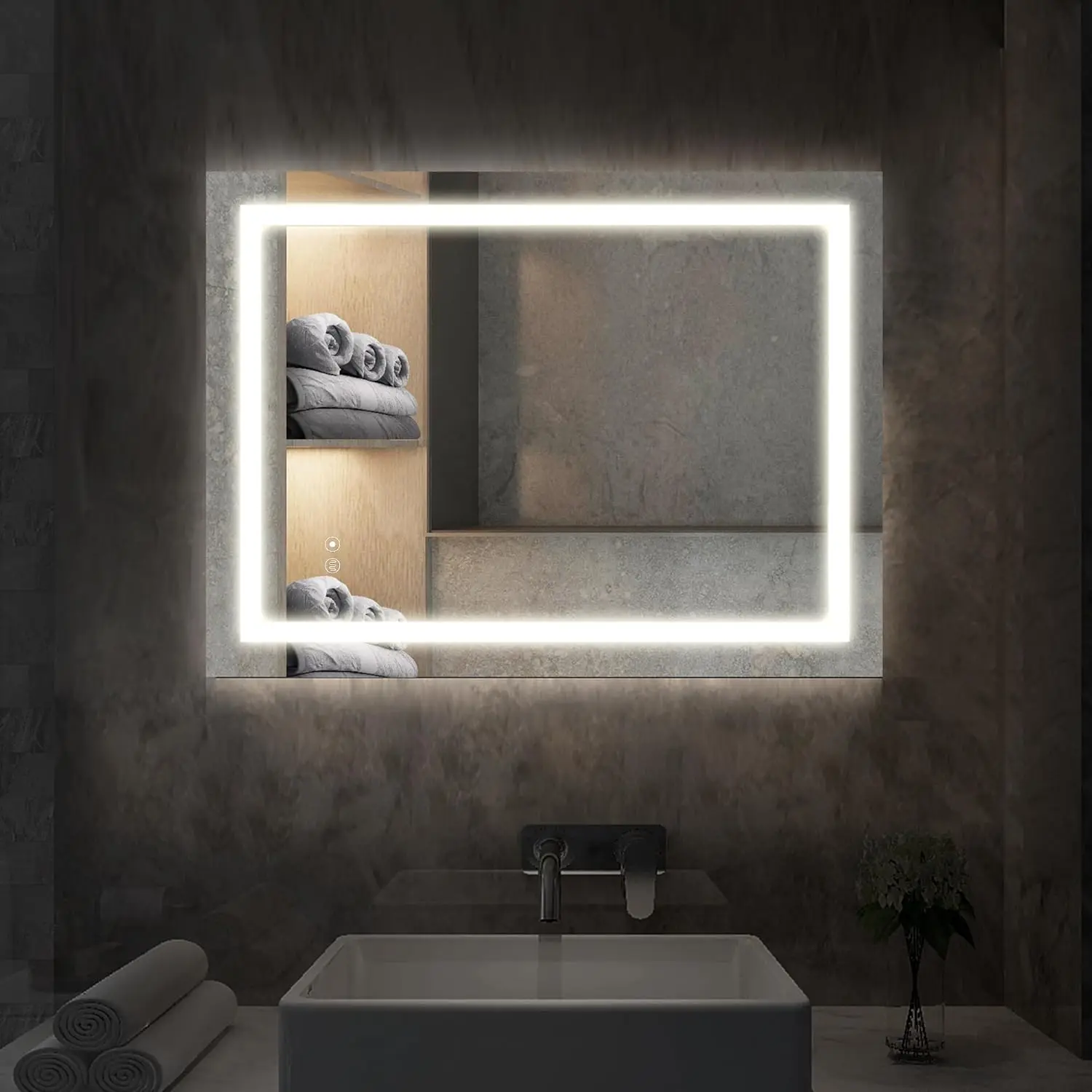 

Vanity Mirror with Lights Wall Mounted 24x18 inch Dimmer & Defogger Crystal Clear & Shatterproof LED Bathroom Mirror for Vertica