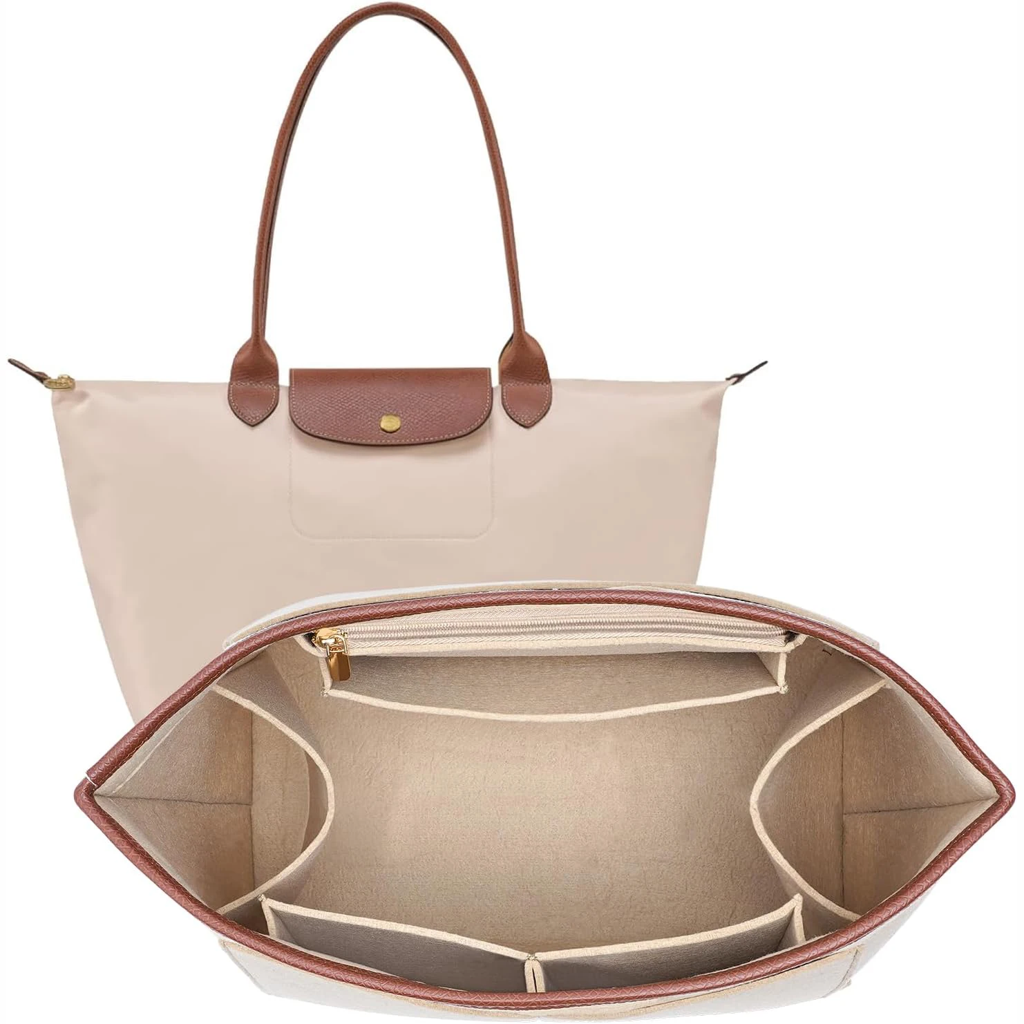 Organizer Insert for Longchamp Le Pliage L/M/S Bag Handbag Leather Edge Longchamp Organizer Insert (Beige, Large)