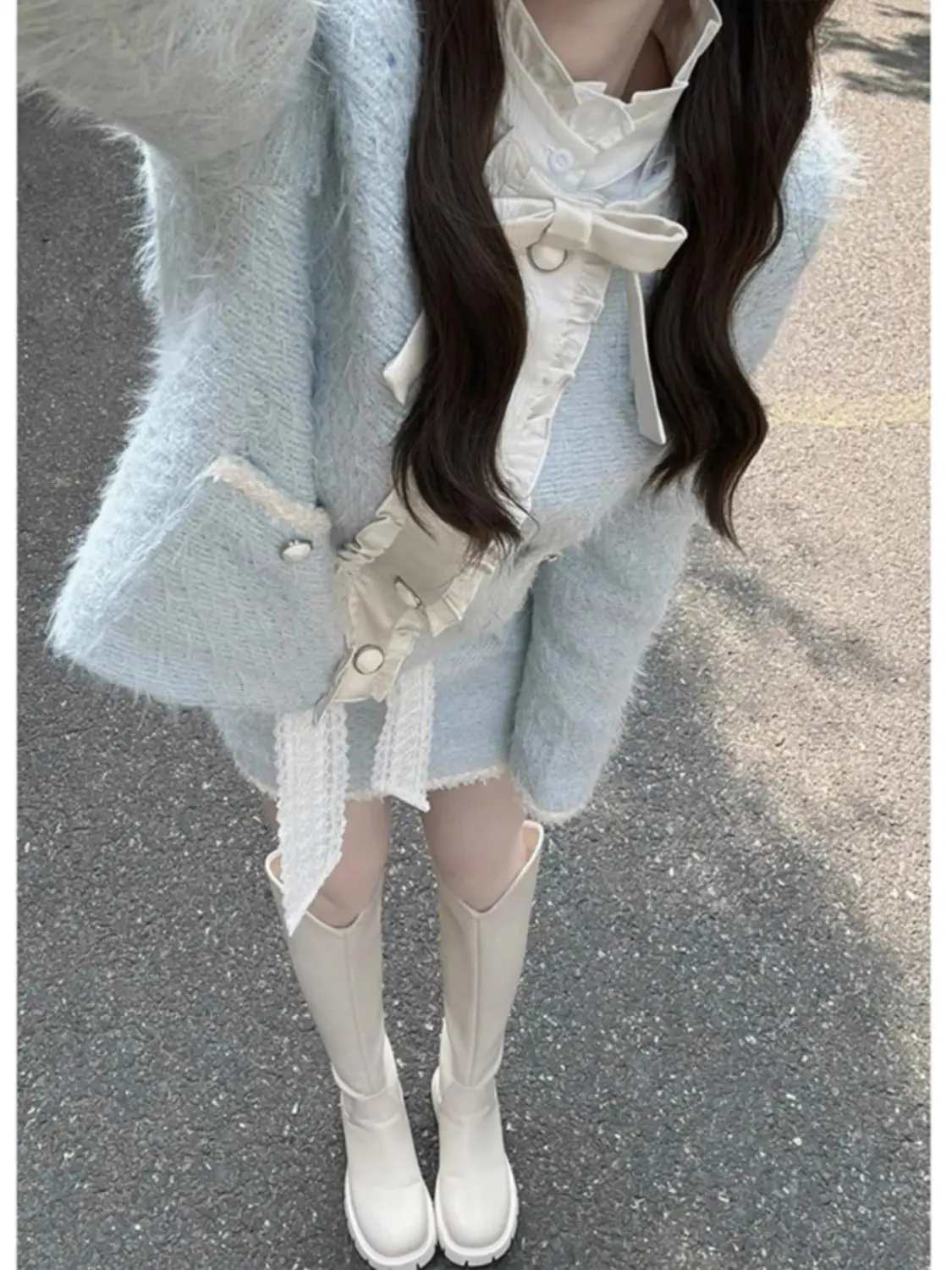 طقم نسائي كوري بتصميم فرنسي أنيق مكون من قطعتين أنيق للتنحيف الحلو الأزرق الدافئ طقم ملابس مكتب للسيدات ملابس الحفلات النسائية