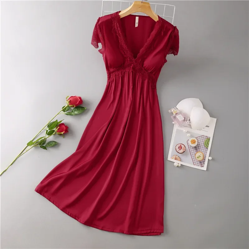 Summer New Sexy Nightgown Satin Long Sleep Dress For Women Lace Patchwork Nightdress Intimate Lingerie Loose Sleepwear Homewear