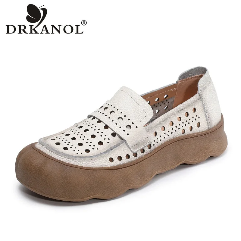 

DRKANOL 2026 Women Summer Hollow Out Breathable Flat Loafers Genuine Leather Slip On Shoes Ladies Soft Comfort Loafers Size 41