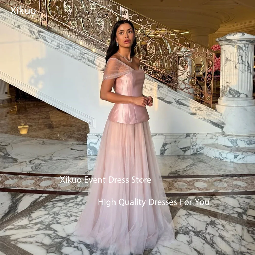 Xikuo Tulle Sheer Sleeves Evening Gowns A Line Pink Robe Cocktail Femmes Sparkly Formal Saudi Arabric Prom Dresses Customized