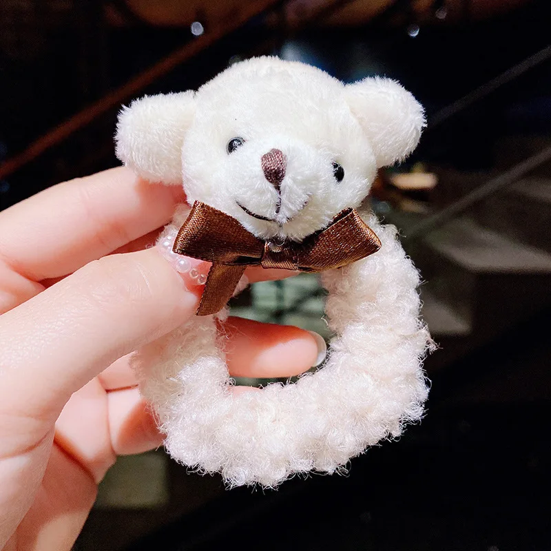 New Kids' Plush Hair Scrunchies - Bear Pom-pom & Rabbit Ear Styles, Soft No-pull Elastic Bands for Girls' Daily Hairdos.