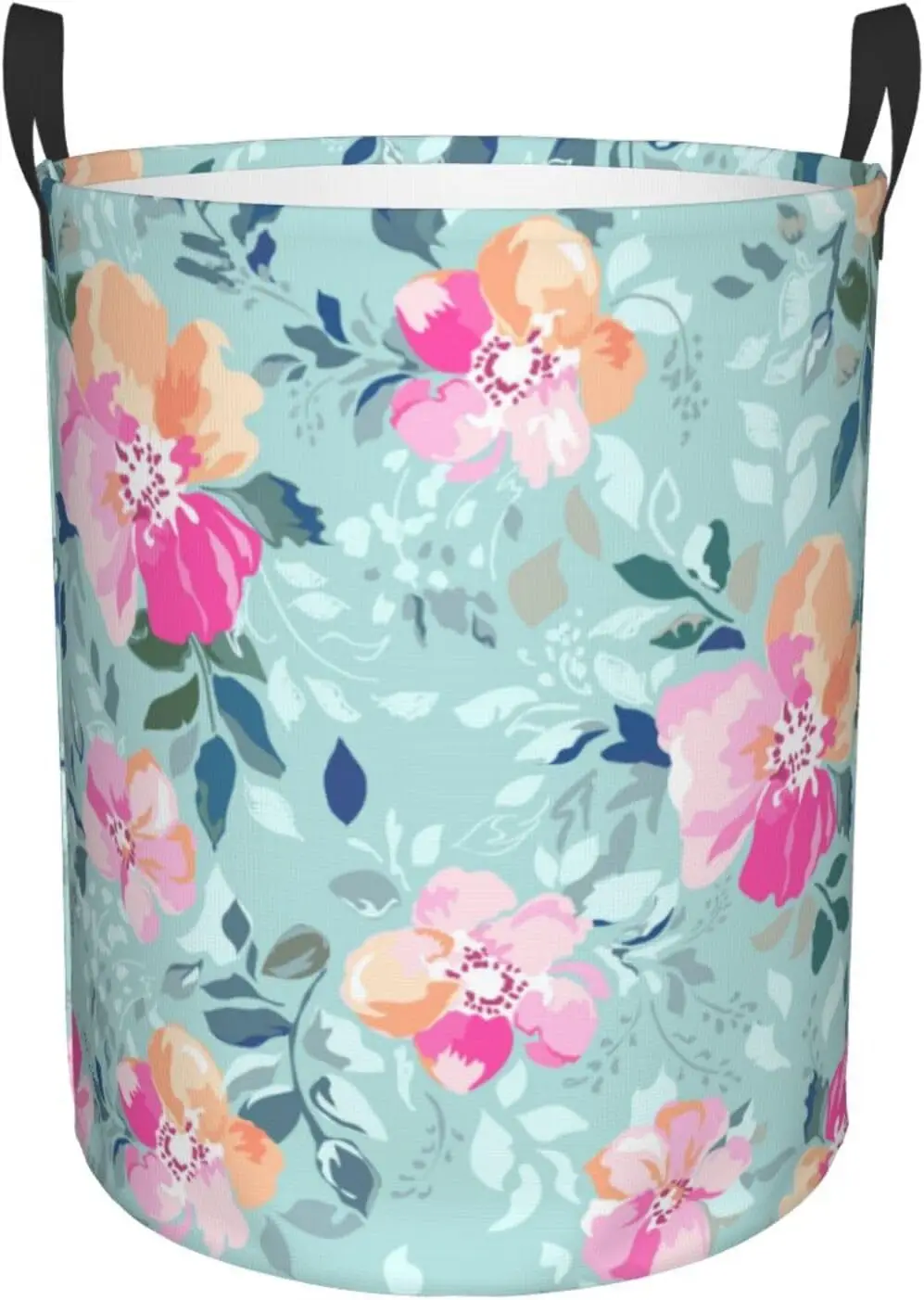 

Cute Flower on Mint Blue Laundry Basket Waterproof Oxford Cloth Organizer Basket Collapsible Clothes Hamper with Handle Toy Gift