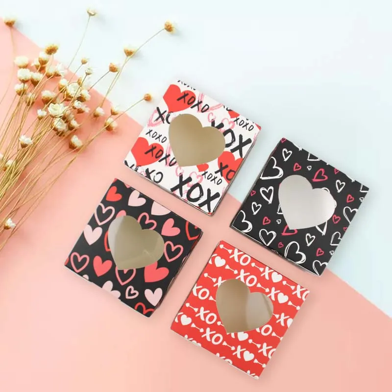 12PCS Valentine Theme Love Heart Cute Cookie Paper Boxes Party Favor Candy Gift Box With Window