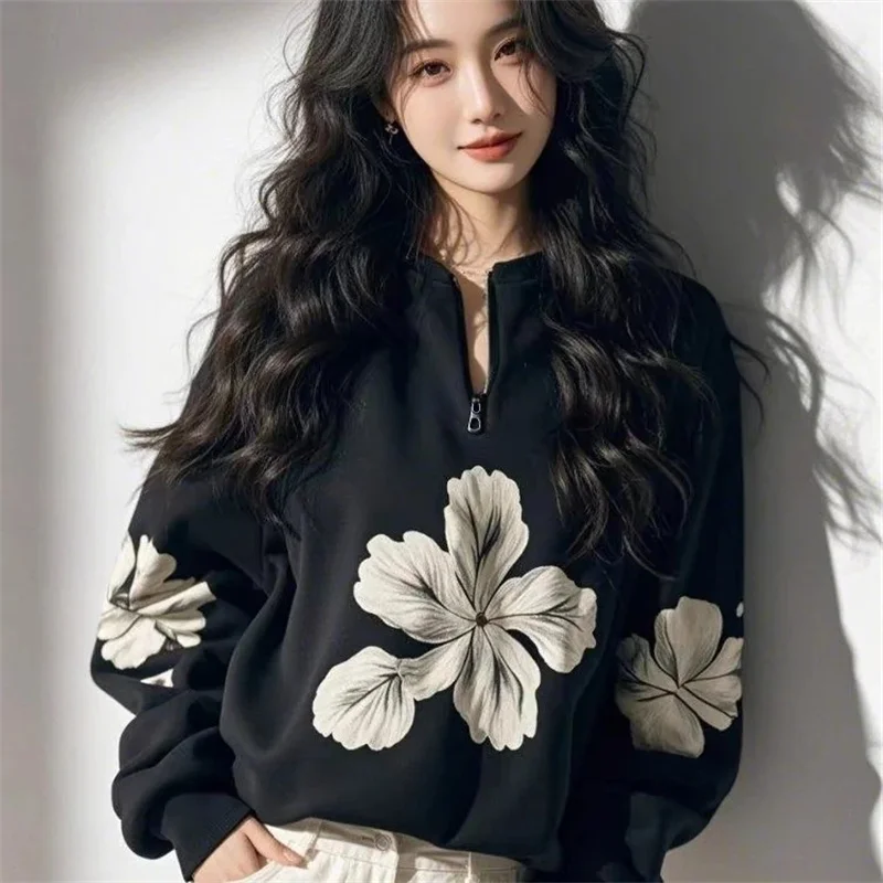 2025 Super beau sweat à capuche Unique noir violet demi fermeture éclair col en v imprimé haut ample femmes printemps automne manteau pull