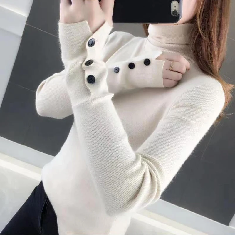 Women Turtleneck Solid Warm Sweater Buttons Long Sleeve Knit Basic Pullover Slim Office Jumper For Women 2023 Autumn Winter