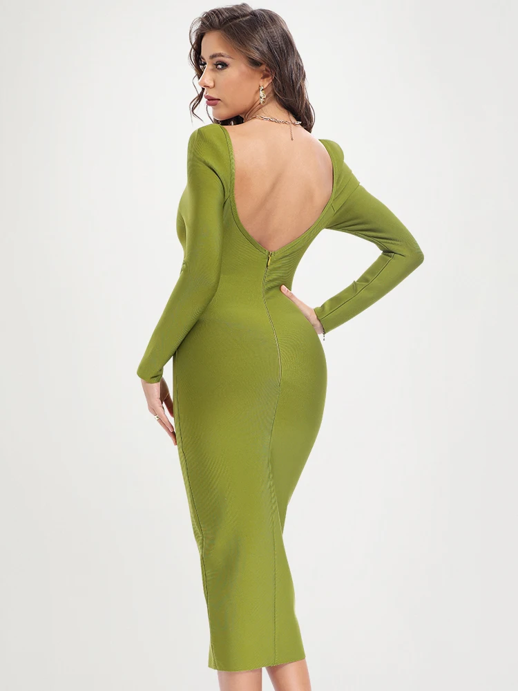 Nuevo Vestido Sexy de manga larga de longitud media verde militar para mujer, Vestido ajustado con espalda descubierta y cuello en V para fiesta y noche, Vestido XL