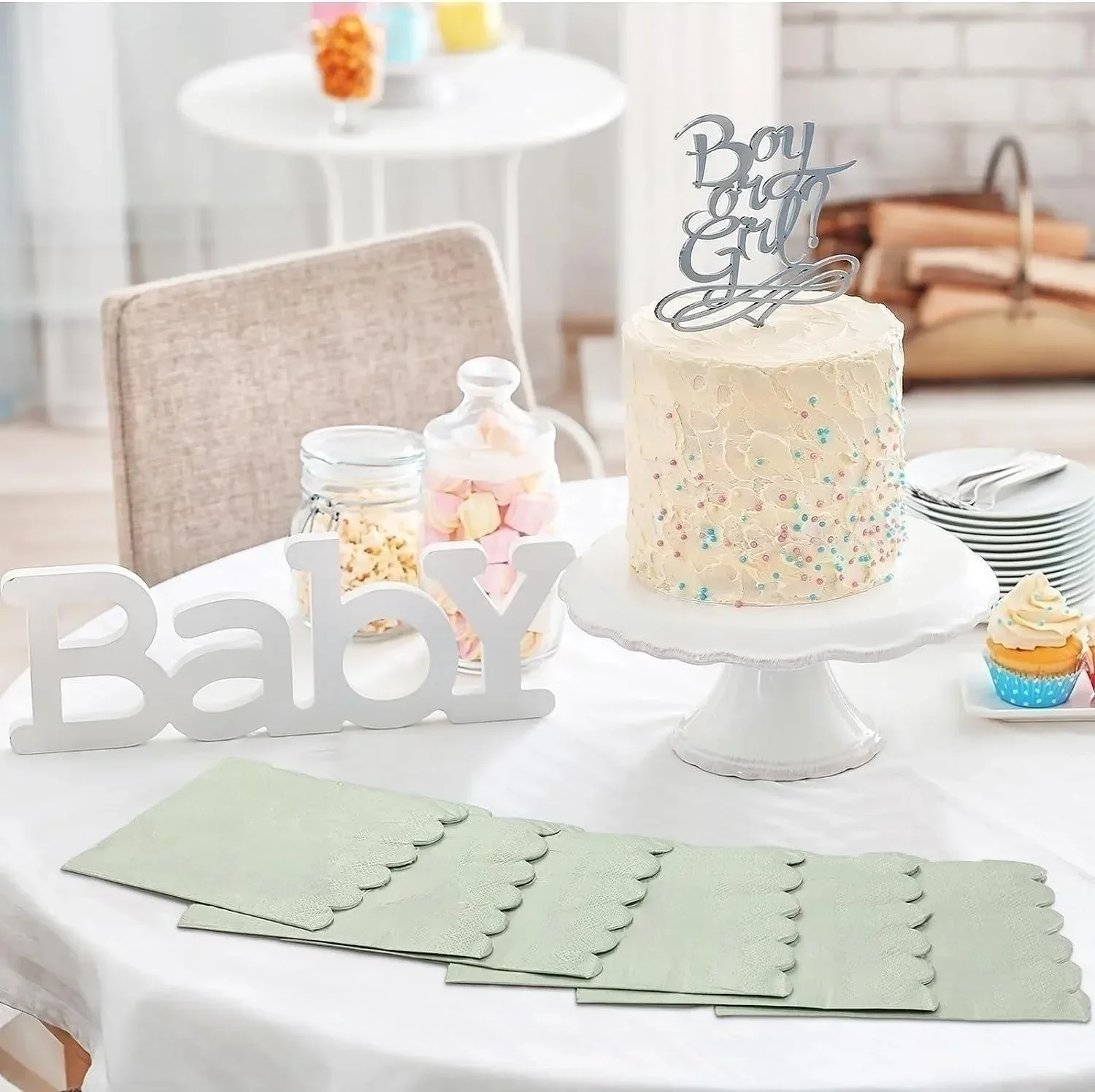 100PCS Scalloped Sage Cocktail Napkins Disposable Paper Tissue Party Napkin Beverage Towel for Wedding Birthday Christmas Supply