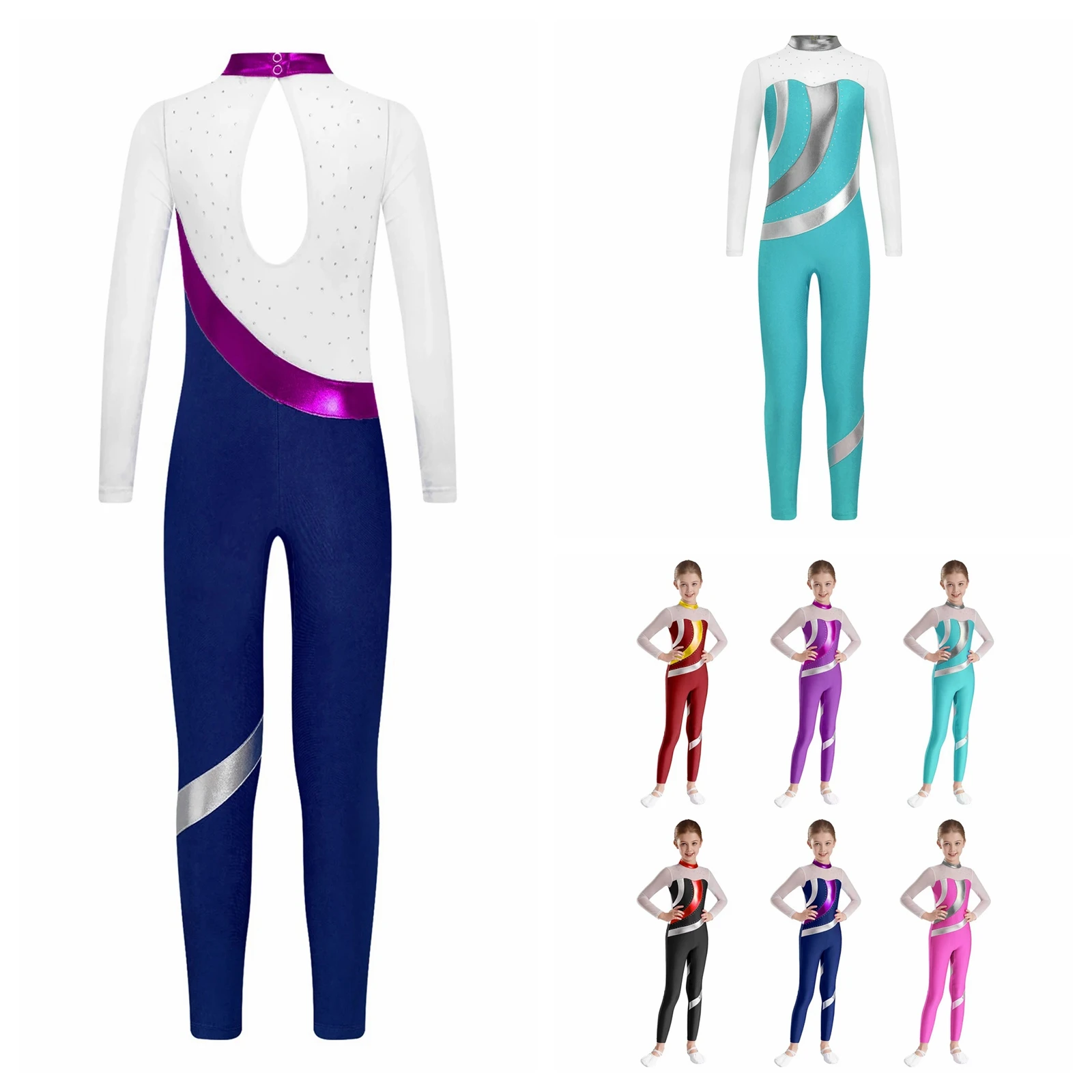 

Kids Metallic Sheer Mesh Jumpsuit Children's Long Sleeve Full Bodysuit for Girls Patchwork Gymnastics Figure Skating Leotards