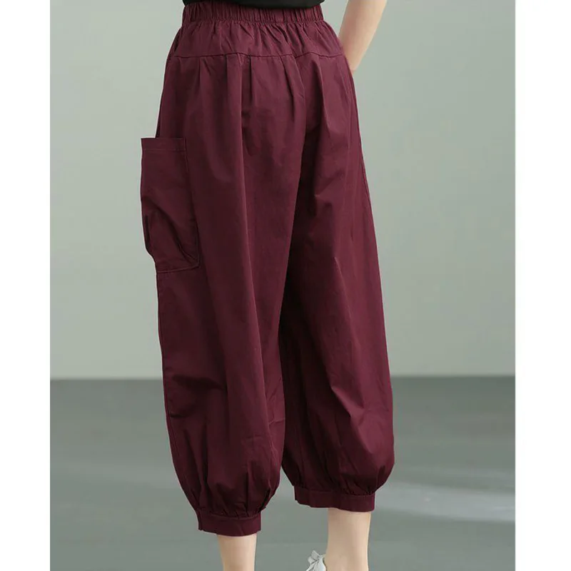 95% Puro Algodão Lado Duplo Bolso Painéis Harem Pants Senhora Primavera Verão Sólida Cintura Elástica Solta Bloomers Nove Pontos Calças
