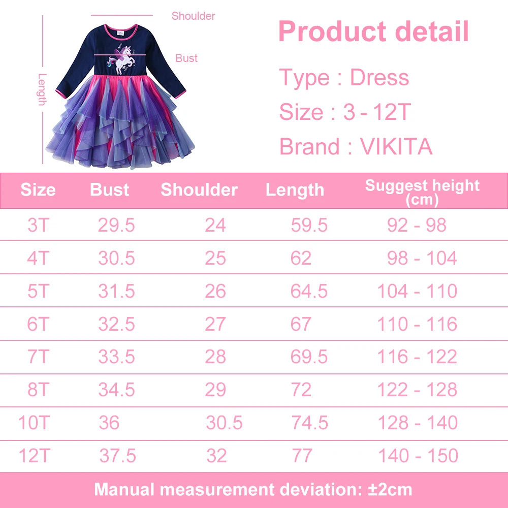 VIKITA Girls Unicorn Princess Dress Kids Autumn Spring Long Sleeve Mesh Tulle Layered Elegant Party Patchwork Dress 3-12 Years