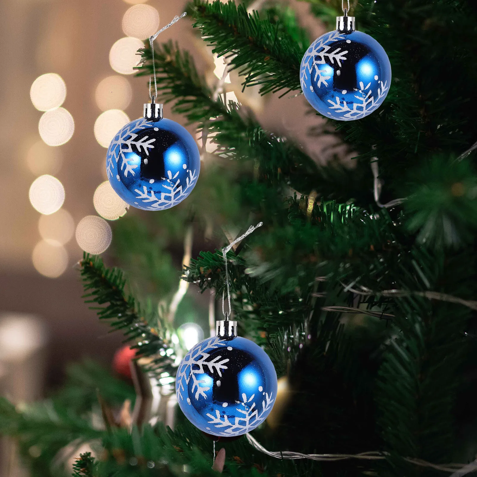 

6pcs Christmas Ball Hanging Decor 6Cm Shiny Plastic Ornaments Snowflake Design Blue Pendants For Holiday Home Tree Decoration