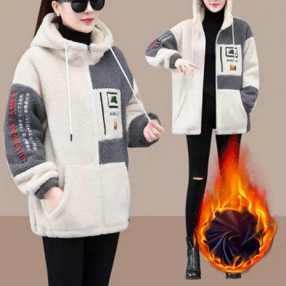 Comfortable Women Jacket Cozy Hooded Colorblock Jacket Plush Embroidered Stylish Winter Coat for Women Women Outerwear