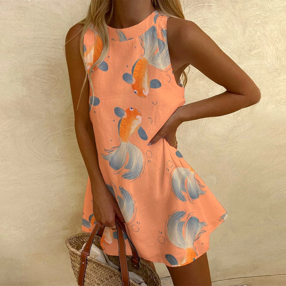 

Women'S Koi Printed Frock Orange Dress New Year Good Luck Casual Round Neck SunDresses Sleeveless Pattern Print One-Piece Skirt