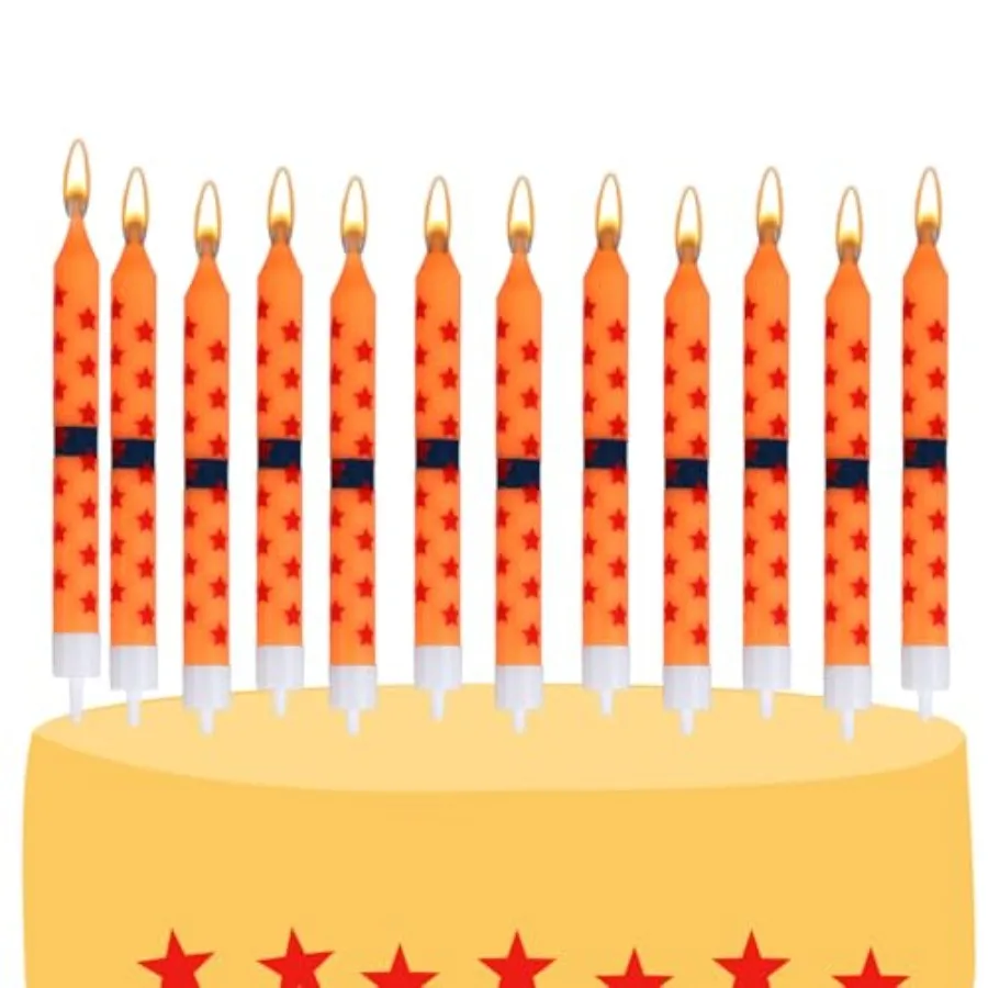 12 قطعة من شموع عيد الميلاد ذات طابع الرسوم المتحركة باللونين الأصفر والأحمر مطبوعة على شكل كعكة عيد الميلاد وشموع تزيين الكب كيك للأولاد والزوجة