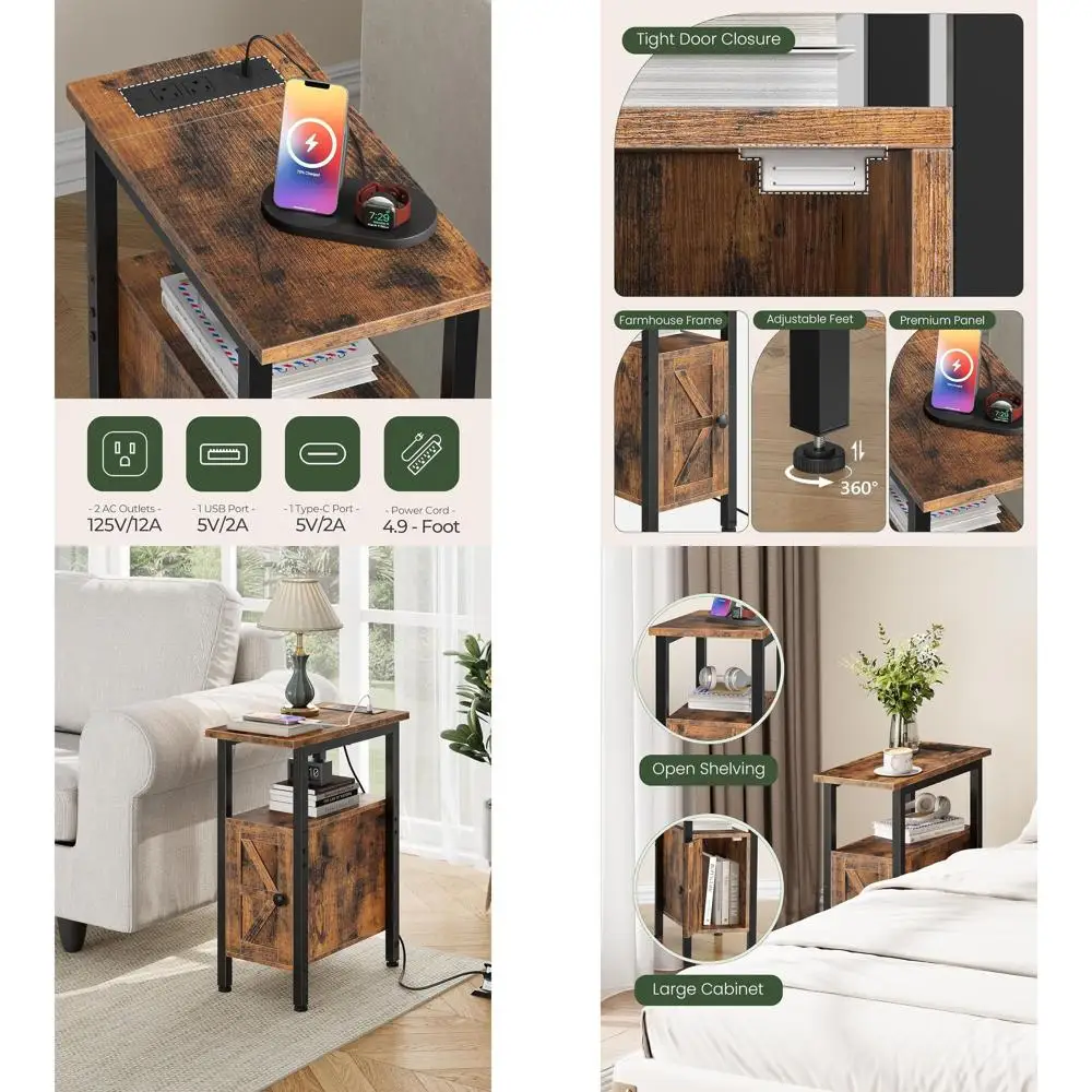 

Торцевой столик для фермерского дома, узкий приставной столик для небольших помещений, тонкая тумбочка с зарядной станцией, 2 розетками переменного тока, 1 USB и 1 Т