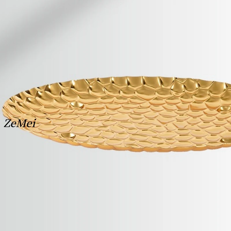 Elliptical Fruit Plate, European-Style Exquisitely Carved Hammer Texture Metal Cake Tray, Home Dessert Snack Plate Decoration view 5