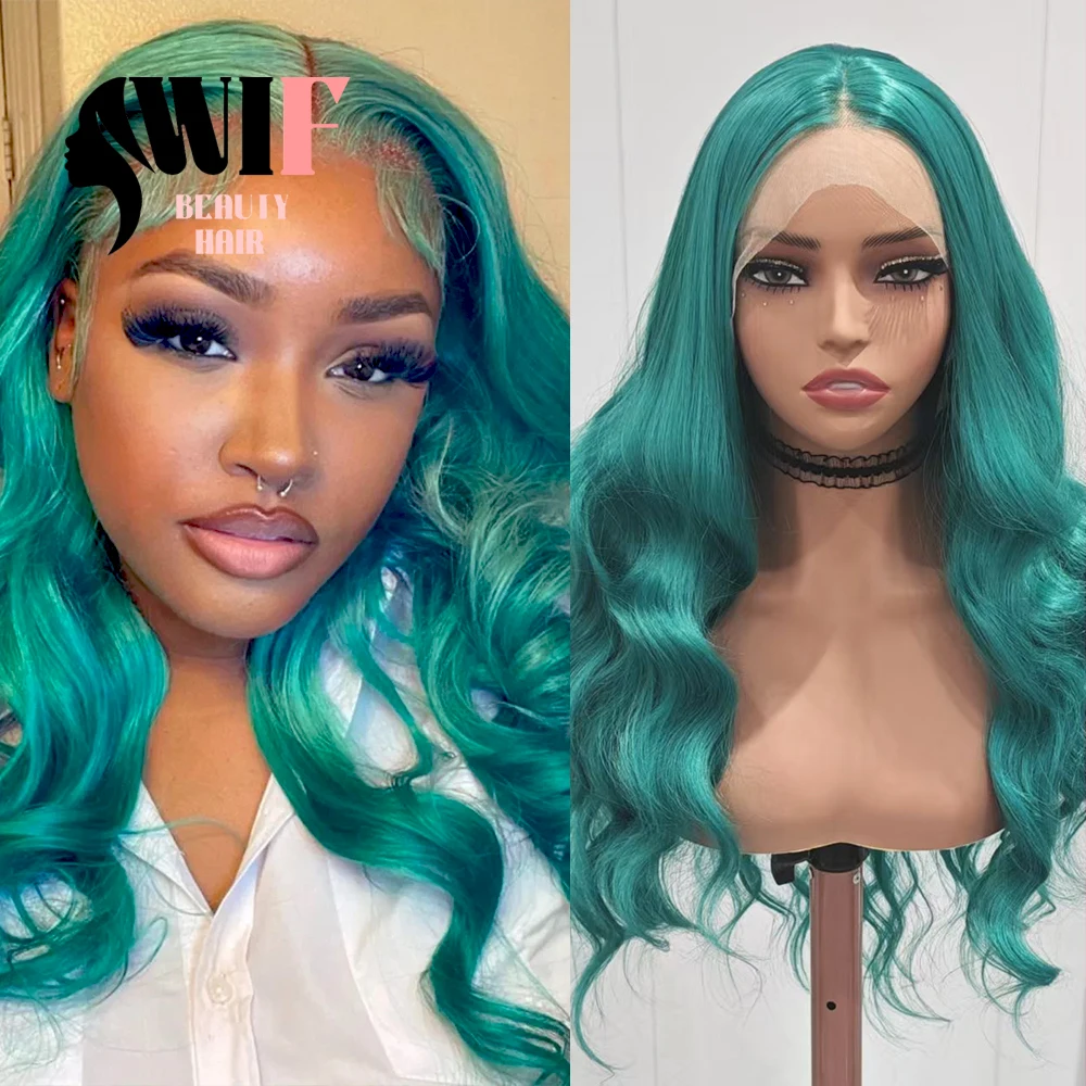 WIF Teal Green Synthetic Wig Body Wave Green Hair Lace Front Wigs Heat Friendly Green Wavy Hair for Women Cosplay Makeup Use