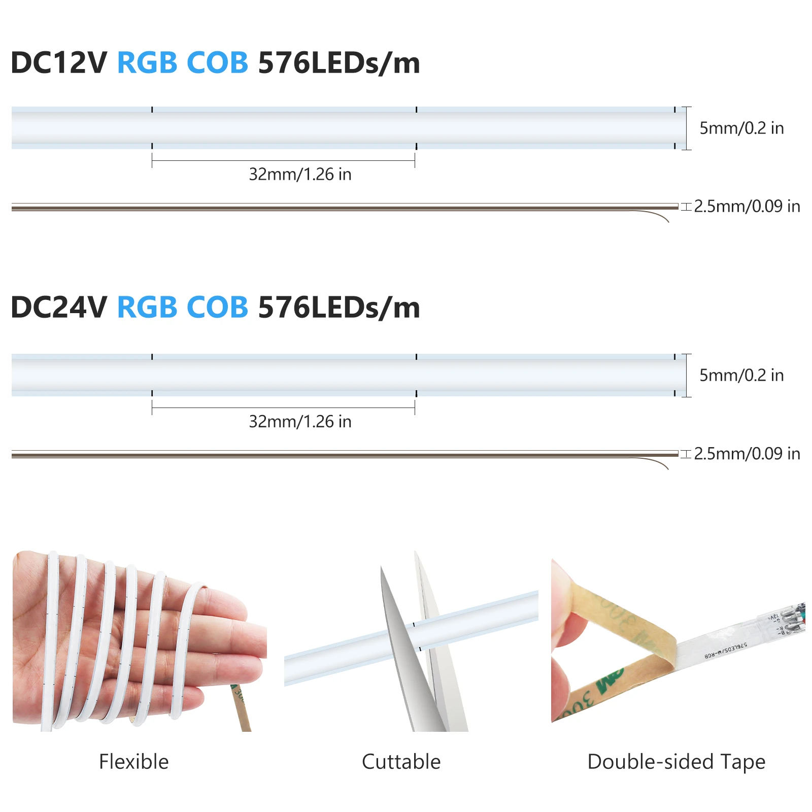 DC 12V 24V RGB COB LED Strip Narrow Version 5MM 576LEDs/M High Bright Dotless Home Decor Led Tape Diode Flexible Ribbon Rope