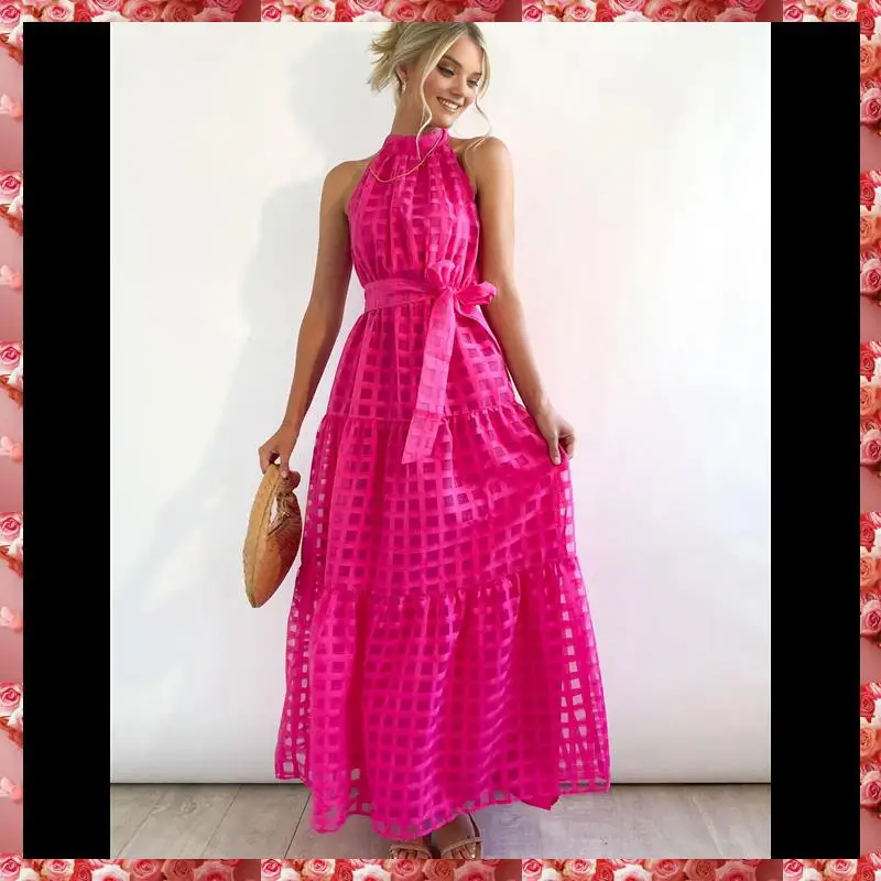 فستان نسائي صيفي طويل منقوش عليه زهور بدون أكمام ورقبة رسن وحاشية مكشكشة فساتين بوهو طويلة مع حزام