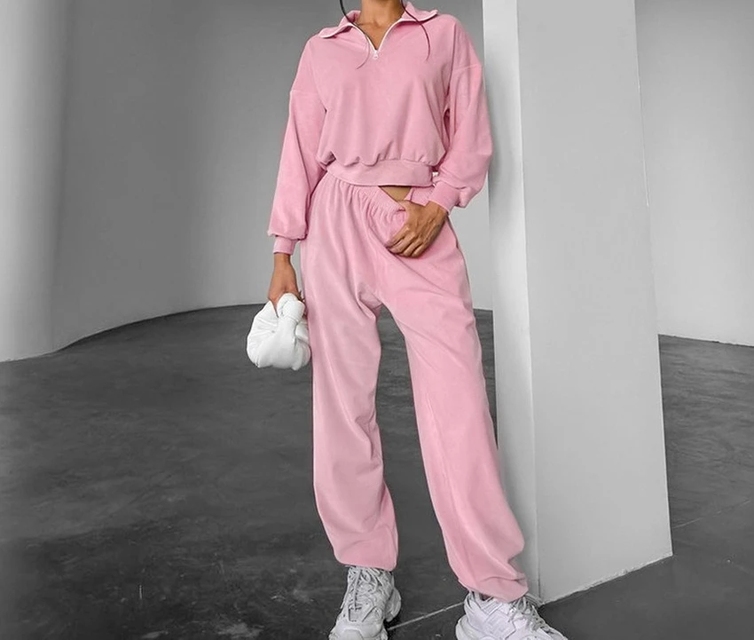 

Sports Hoodie Set for Women in Autumn and Winter 2025 Pink POLO Jacket Long Pants Two-piece Set for Women