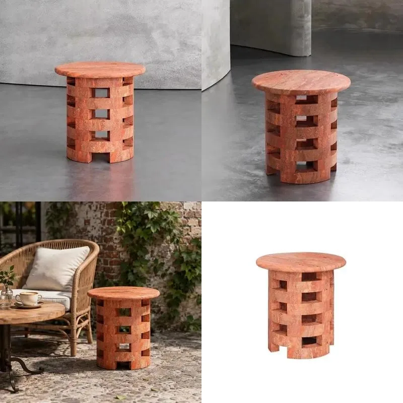 Nordic style simple red travertine marble foldable storage side table creative coffee table corner coffee table