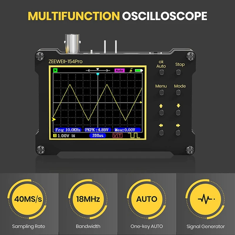 ●Digital Oscilloscope,14 Type Measurement, 40MSa/S Sampling Rate, 18MHz Bandwidth, 2.4In LCD Display with 10X, 100X Probe