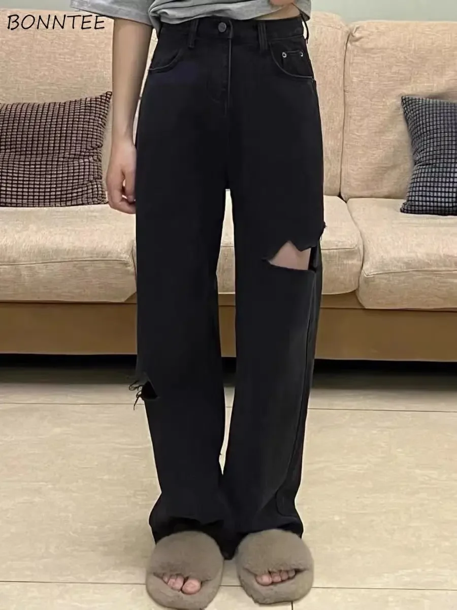 

Черные джинсы женские свободные с дырками новые летние винтажные вибрации в американском стиле простые для отдыха на улице Harajuku джинсовые прямые универсальные