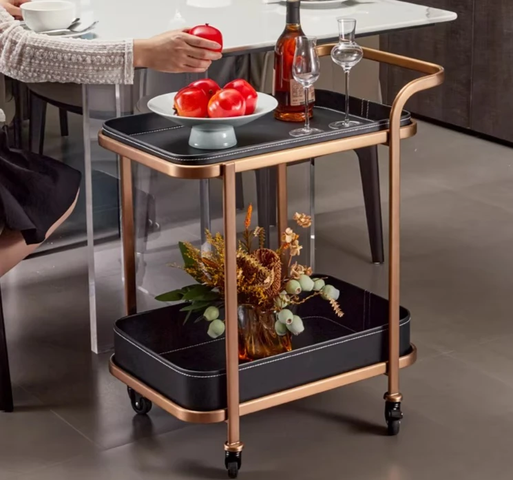 

Family Service Car Small Dining Car Saddle Leather Coffee Table with Wheel Rack