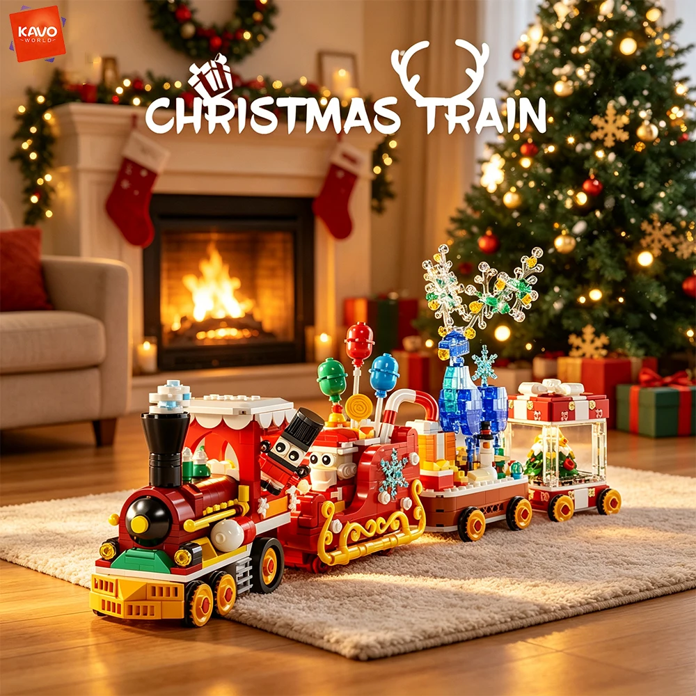 KAVOWORLD 1461PCS Mini Christmas Train Blocks Toy Santa Reindeer Sleigh Cars Educational DIY Assembly Christmas Gifts for Kids