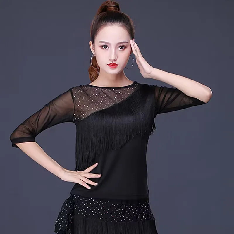 Fringe Latin Dance Costume Women Salsa Tango Dance Tops Women Mesh Medium Sleeve Ballroom Dance Practice Clothes Professional