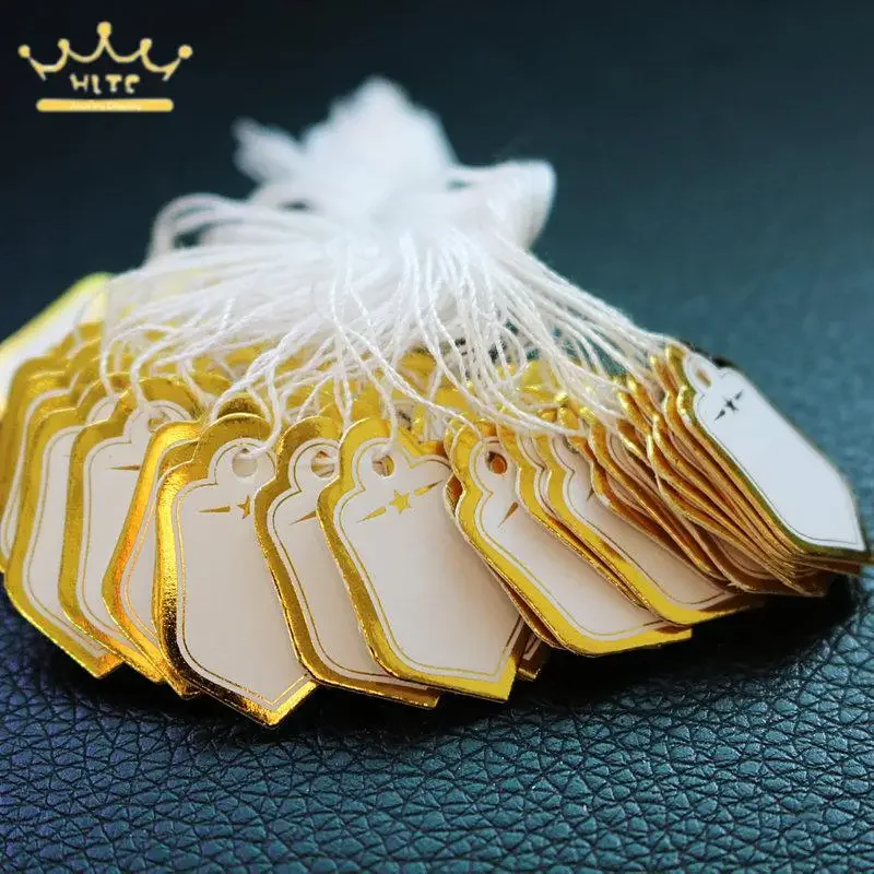 Etykiety jubilerskie wizytówki 100 sztuk/partia metki Diy Tie String biżuteria wyświetlacz etykieta złoty i srebrny mały Tag — zdjęcie 4
