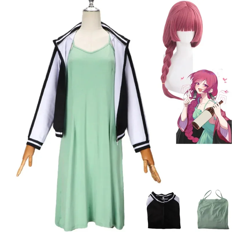 2025 aaa Anime Bocchi The Rock! Hiroi Kikuri Cosplay Costume Baseball Coat Green Strap Dress Wig Woman Sexy Halloween Masked Bal