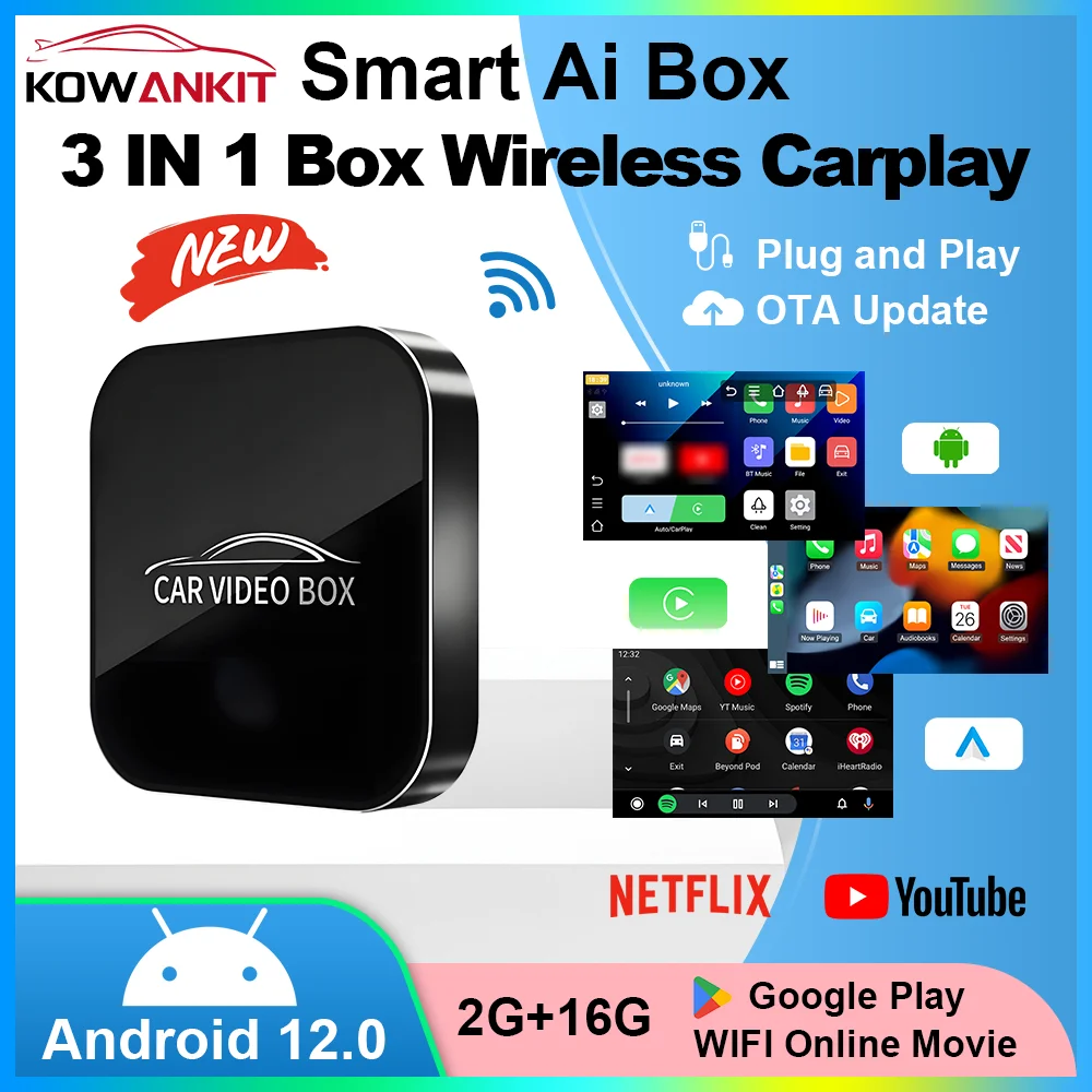 3 in 1 Wireless Carplay Adapter Android Auto Wireless Dongle Bluetooth for Car Plug & Play Apple Android 12 AI Box KowanKit 2026