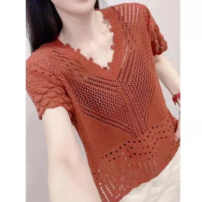 

Вязаный крючком полый вязаный ледяной шелк с короткими рукавами, свободный универсальный тонкий топ