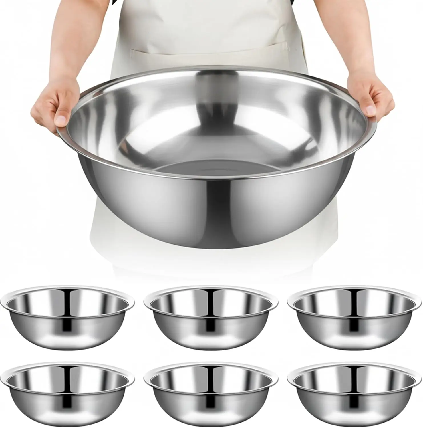 

6 Pcs Stainless Steel Mixing Bowls, 16 Inch 13 Qt Extra Large Metal Basin, Deep Edge, Dishwasher Safe, Mirror Finish, Stackable