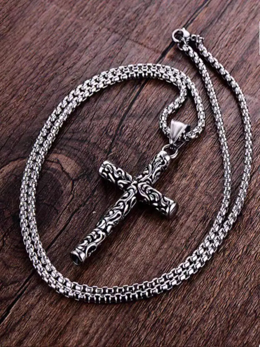 Vintage Christian Cross Engraved Pattern Pendant Necklace Men's Fashion Catholic Prayer Lucky Jewelry