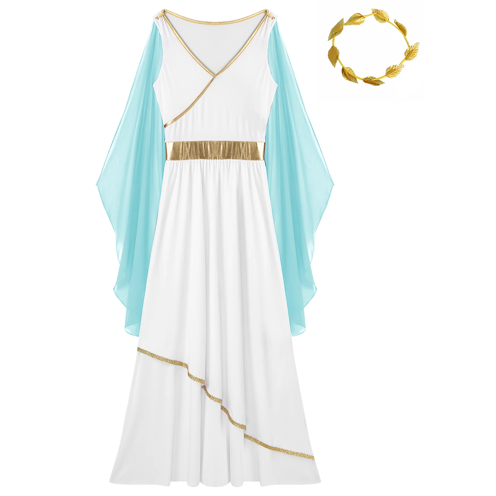 Womens Ancient Greek Costume Halloween Roman Empress Athenian Princess Toga Dress Chiffon Robe with Headwear Cosplay Outfits