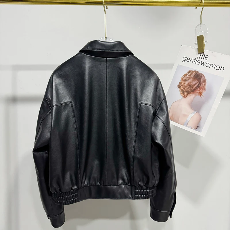 Natural Sheepskin Coat Spring Autumn Women Casual Simple Brown Versatile Lapel Zipper Loose Short Genuine Leather Jacket Casacos