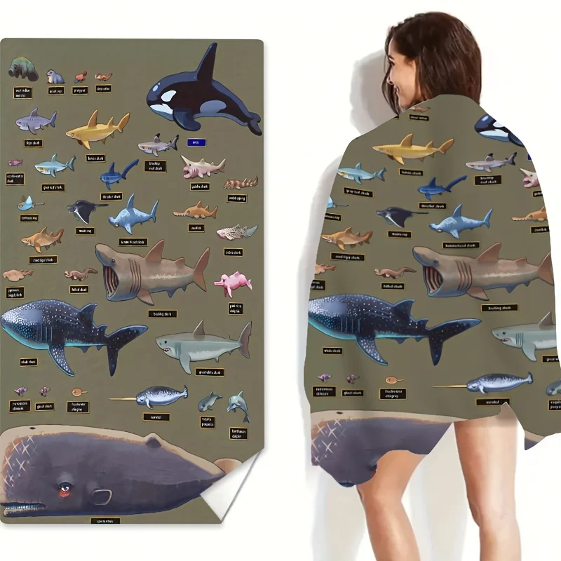 1pc Shark Pattern Beach Towel, Suitable for Beach, Swimming Pool, Bathroom, Camping Travel, Yoga Fitness Multi-Purpose
