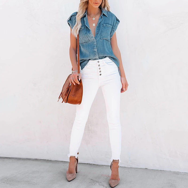 Women Short Sleeve Single Breasted Tops with Pockets Summer Fashion Denim T-Shirts Office Female 2024 Casual Turn Collar Top Pop