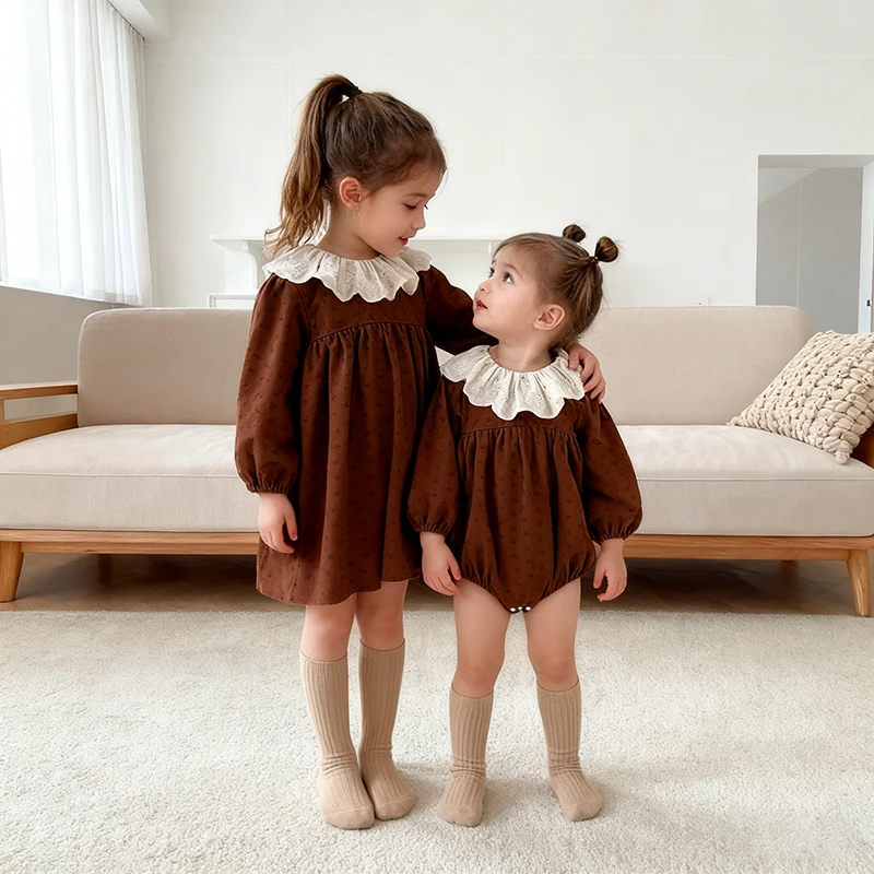 2026 New Spring Sister Floral Clothes Baby Girl Party Dress Baby Romper Long Sleeved Cotton Big Lapel Kids Princess 0-6Y Dress