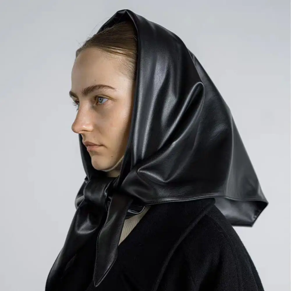 

Punk Spicy Girl Leather Hair Scarf Korean Sunscreen Triangle Headscarf Black Bandana Kerchief Headdress Shawl Wrap Travel Photo