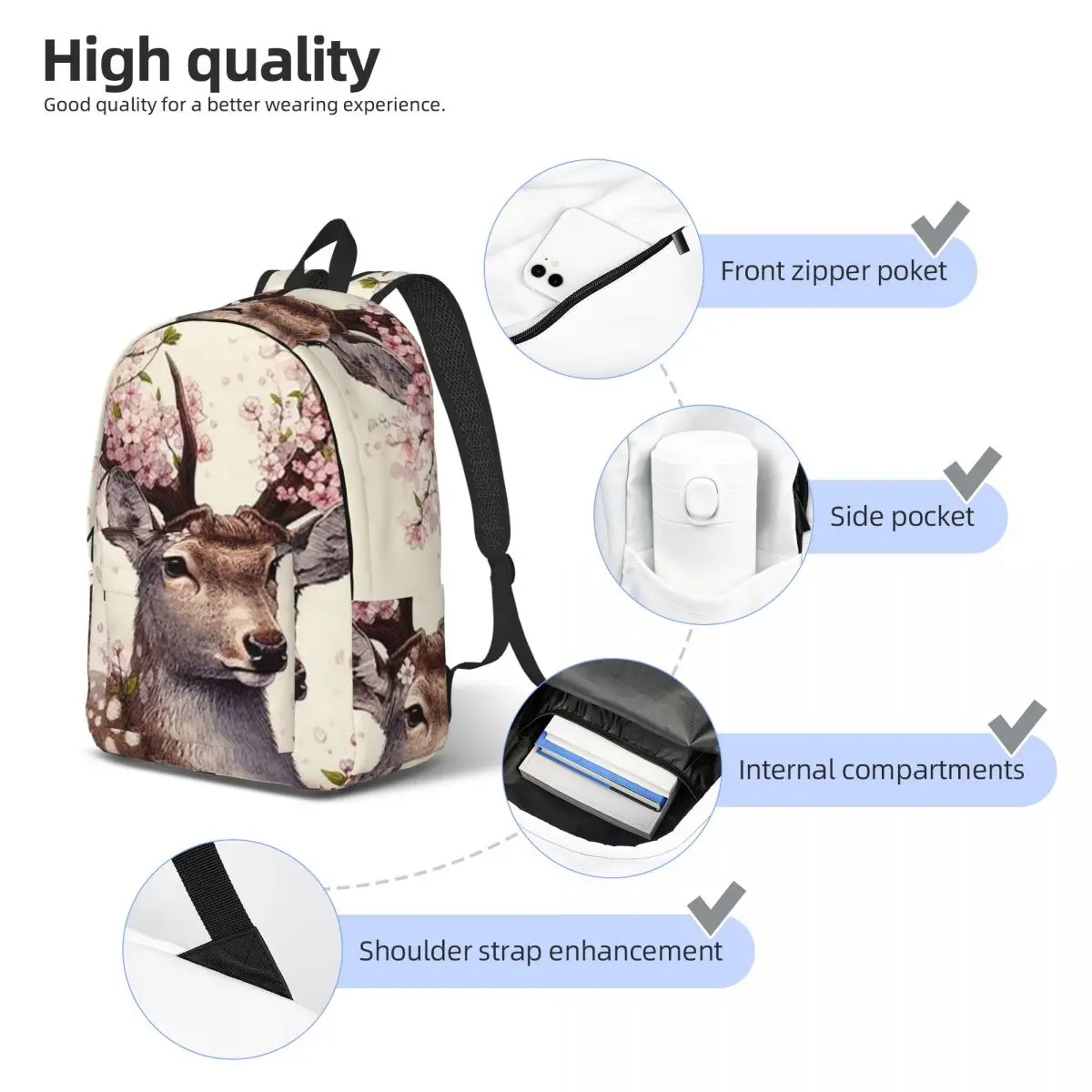 Flower Deer Backpack Student Boys Girls BookBag Children School Bag Computer Shoulder Bags for Men Women