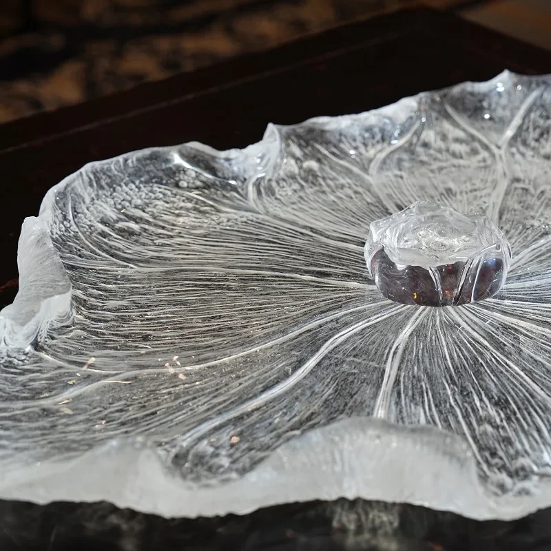 Light luxury and high-end sense, platinum crystal lotus leaf tray desktop decoration ornament