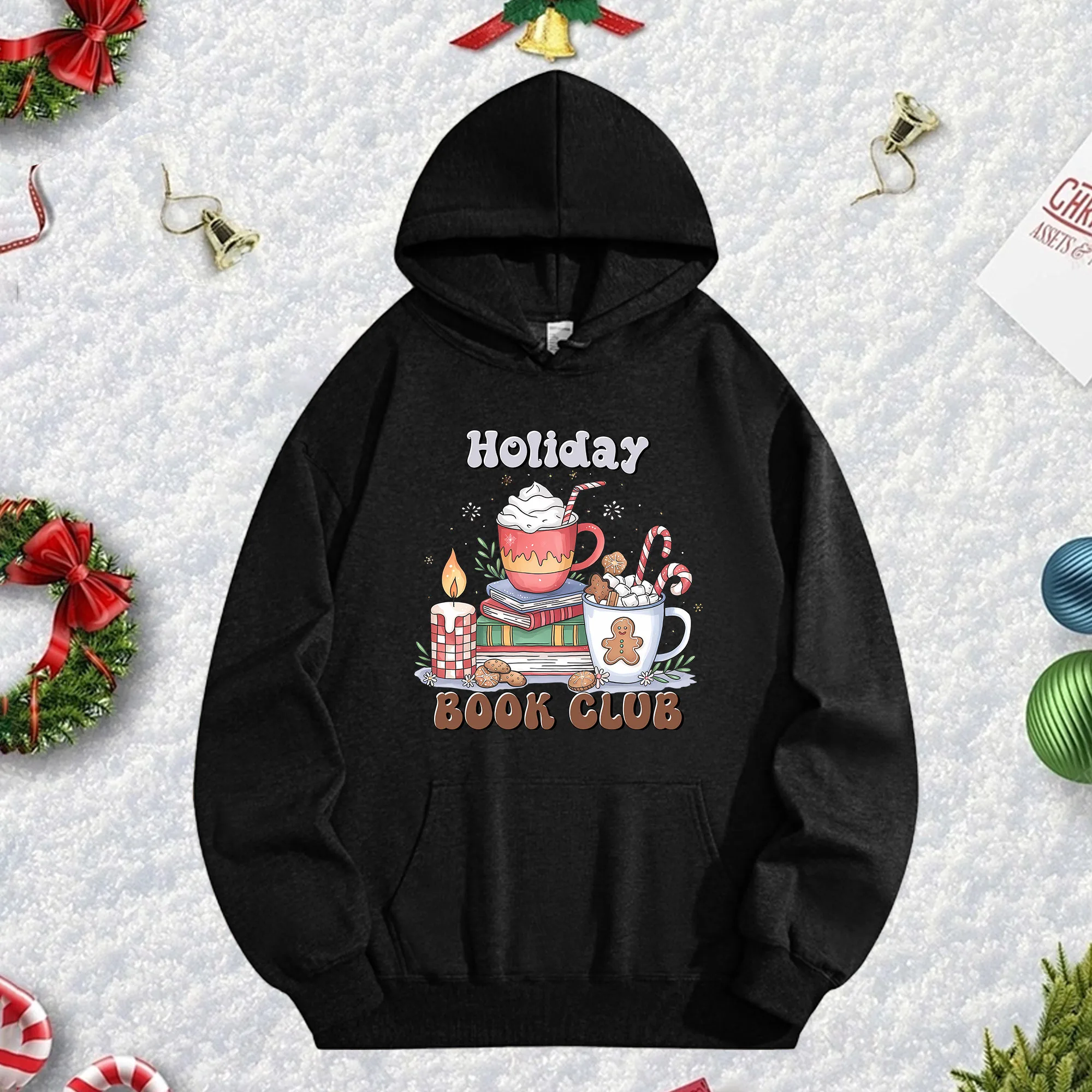 

Черная толстовка с капюшоном Holiday Book Club 270 г для мужчин и женщин, уютный флисовый пуловер большого размера для осенне-зимнего рождественского сезона