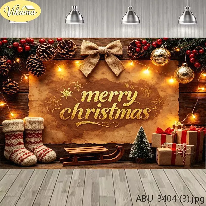 VIKAMA Photography Background Christmas Rustic Stockings Gifts Scene Photo Backdrop Family Party Birthday Festival Home Decor