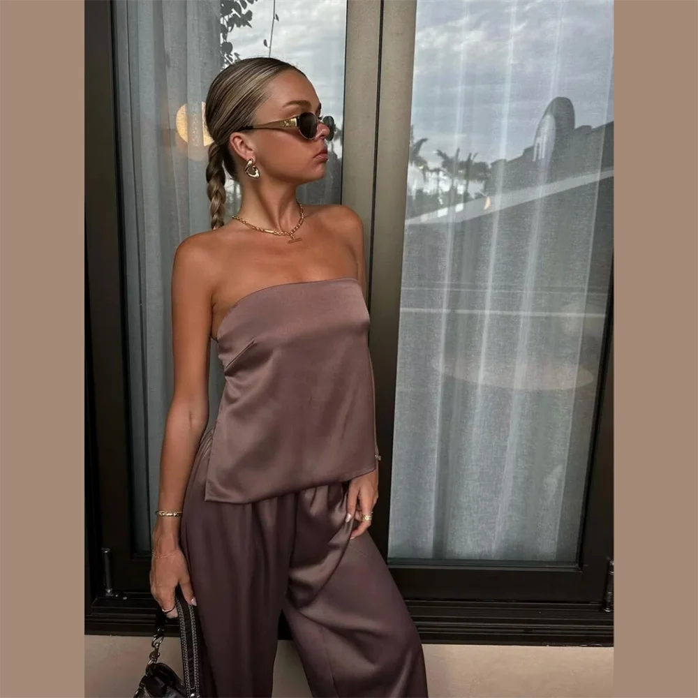 PB&ZA 2024 Spring New Women\'s Fashion and Elegance Versatile Satin Lace Up Top Wide Leg Pants Set